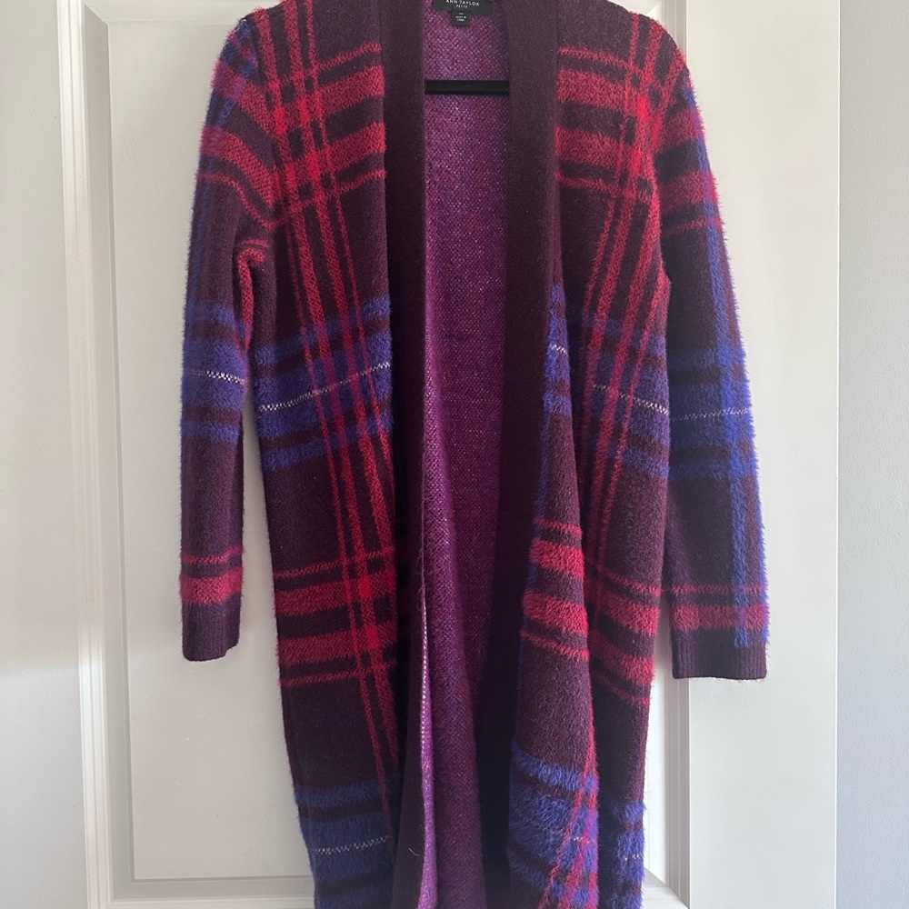 Ann Taylor Plaid Open Front Sweater Cardigan